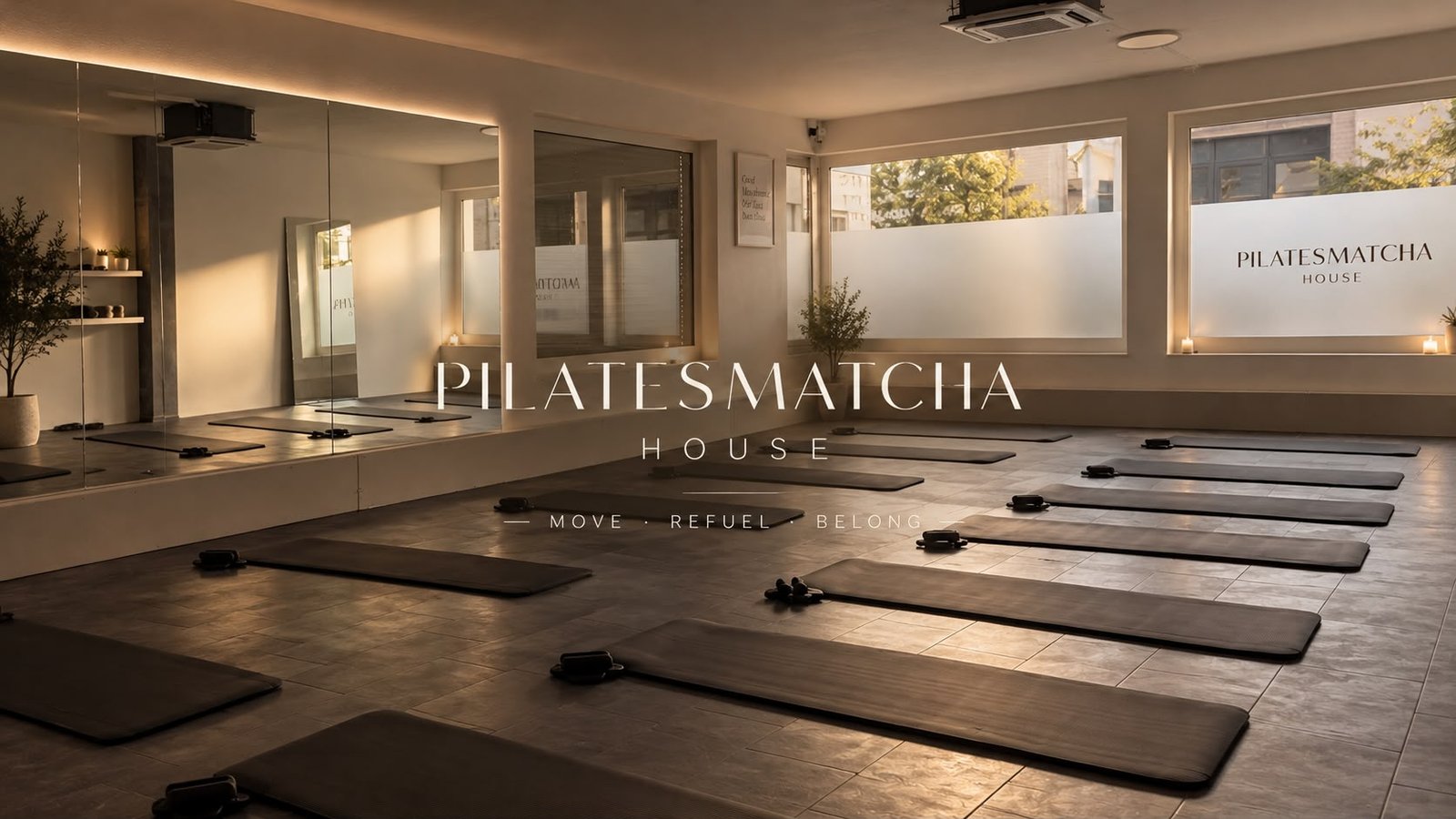 Das Studio des Pilates Matcha House mit dem Logo an der Wand
