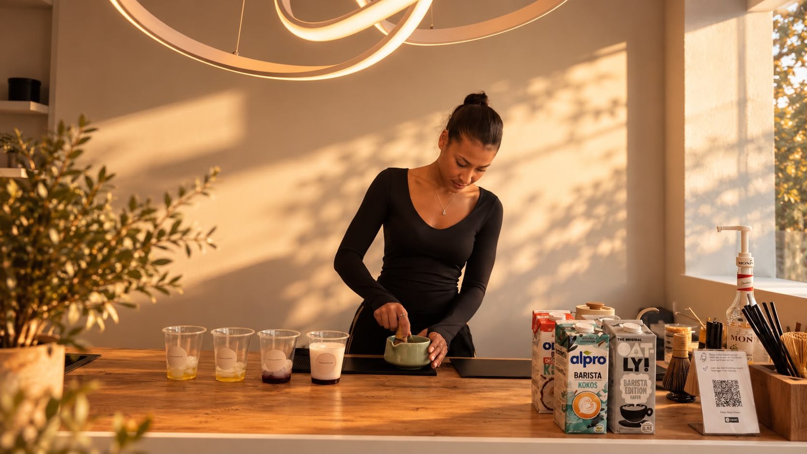 Matcha wird an der Bar aufgeschlagen
