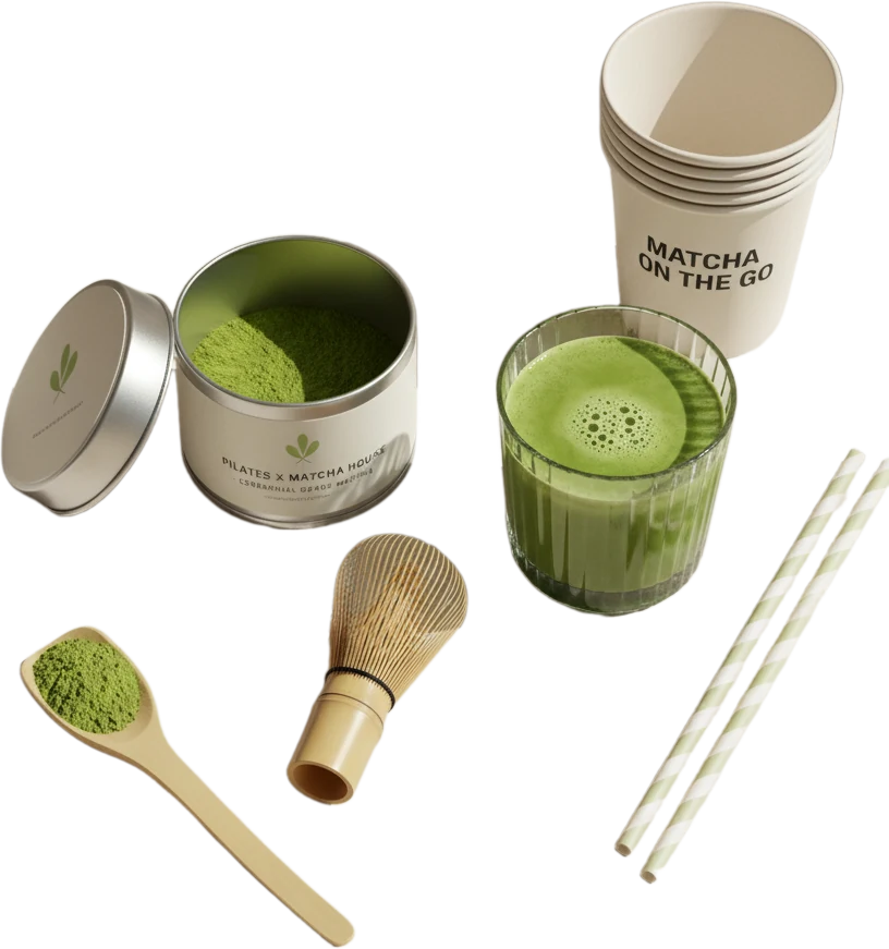 Matcha-Dose, Bambuslöffel, Besen, Papierbecher, Strohhalme und ein Glas Matcha